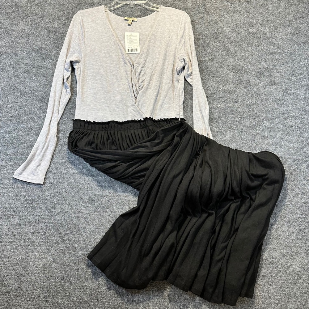 Anthropologie Bordeaux Maxi Dress Women Small Grey‎ Black Long Sleeve Pleated